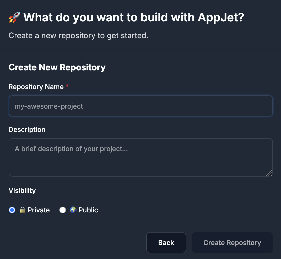 Create a new repository in AppJet